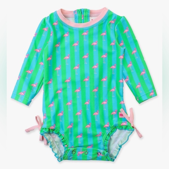 Ruffle Butts Green Flamingo Print Kids Swimwear - Picture 3 of 12